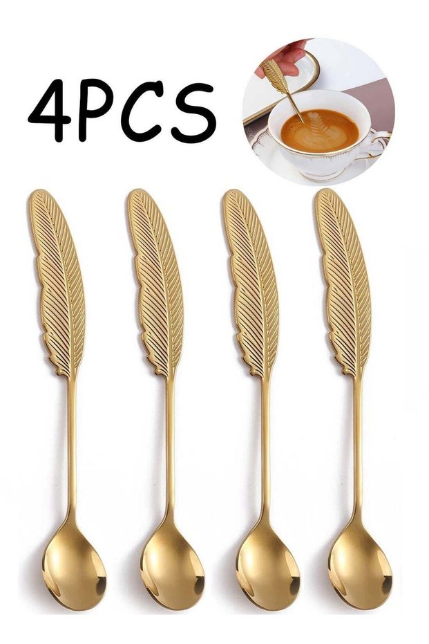 4 Pcs Exquisite Gold Feather Design Stainless Steel Teaspoons 6.1 Inch Small Coffee Bar Stirring Spoons, Durable Metal Tableware Perfect for Serving Espresso, Ice Cream, Cake, Pudding and Various Des