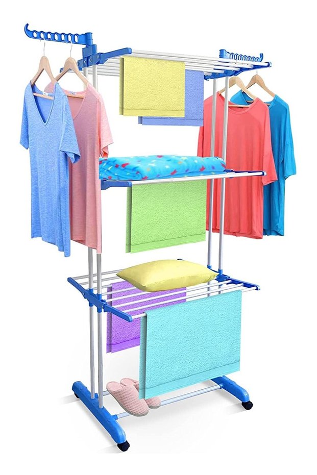 3 tier fordable powder coat dryer rack with wheels (blue)