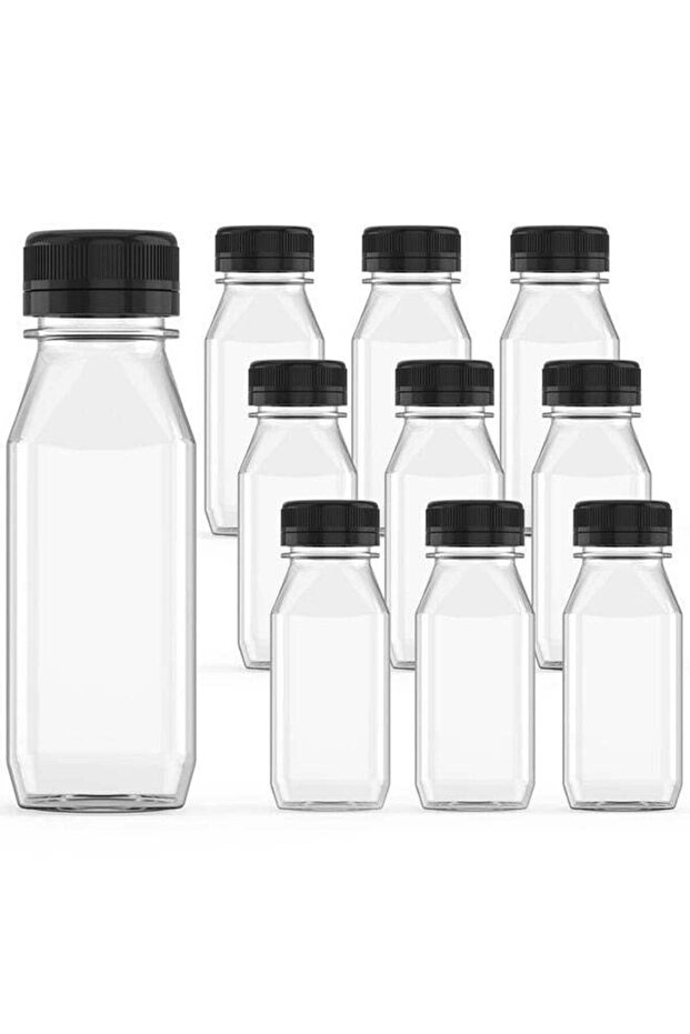 10 Pcs 8 oz Plastic Juice Bottle Reusable Transparent Bulk Beverage Containers with Black Lids for Juice, Drinking Milkshake Tea, Milk, Juicing Smoothie Water and Other Beverages, Fridge Storage