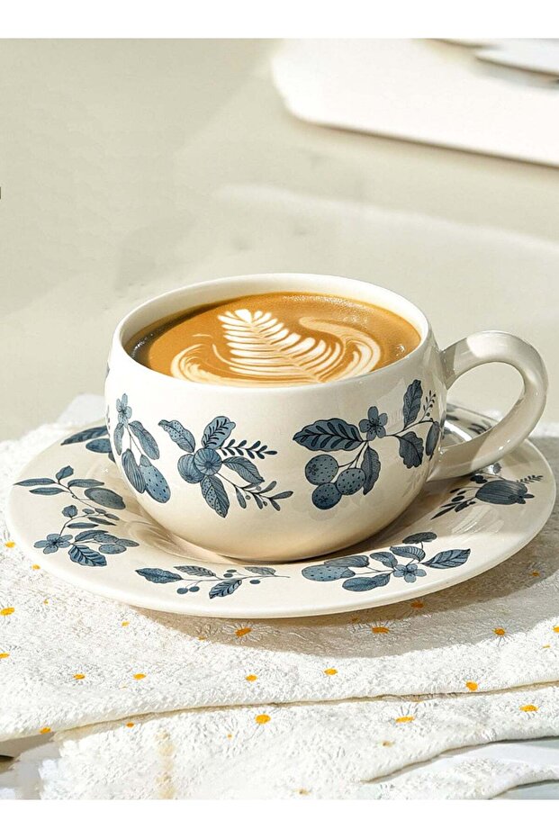 280Ml Ceramic Coffee Cup and Saucer Set - Blue Floral Pattern, Ideal for Latte Art, Dishwasher Safe