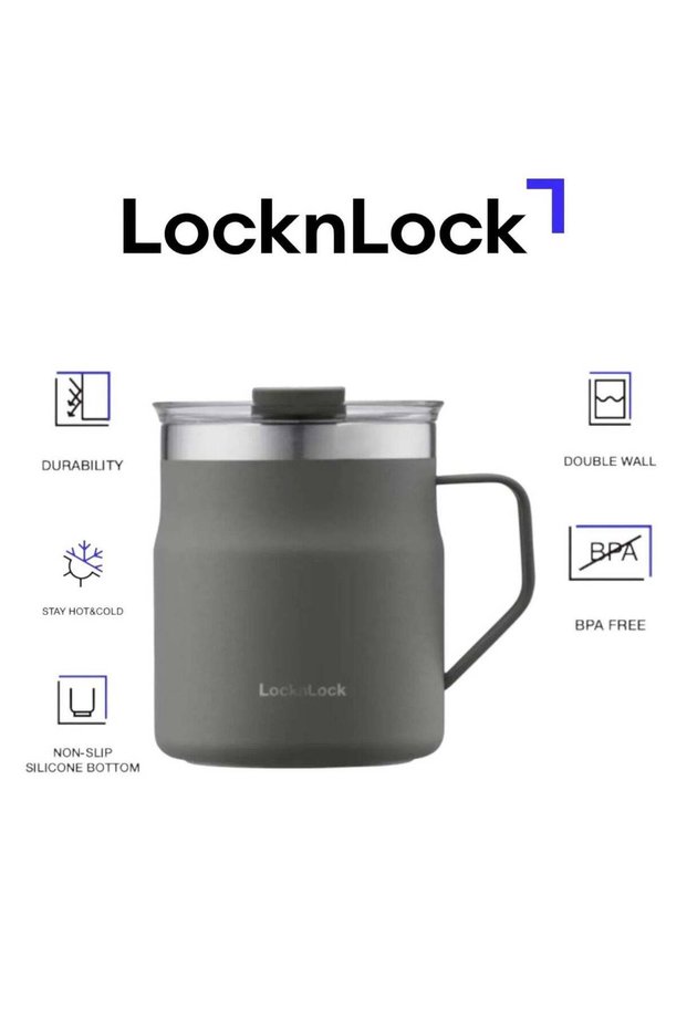 LocknLock Metro Mug 355ml Khaki Double Wall Stainless Steel Insulated Travel Mug, Spill Resistant Leakproof Lid, BPA Free Coffee Cup with Handle for Hot & Cold Drinks