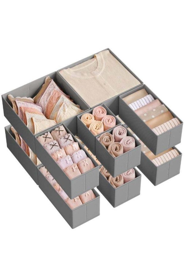 SONGMICS Drawer Organisers, Dresser Dividers, Set of 12, Foldable Fabric Storage Boxes for Socks, Underwear, Bras, Ties, Scarves, Dove Grey