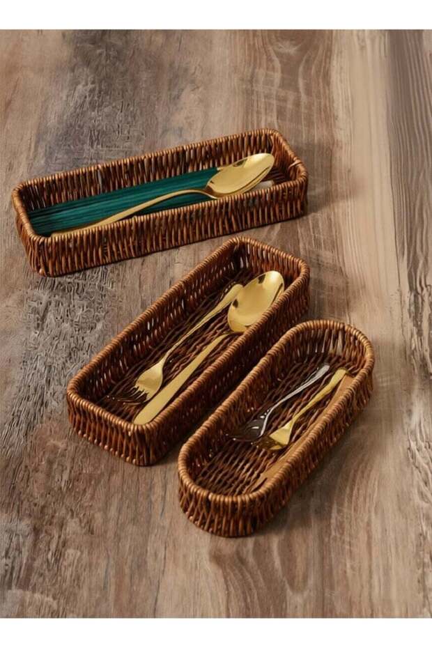 3-Pack Imitation Rattan Utensil Trays (1 Oval 24×9.5×4cm + 2 Rectangular 24×10×5cm), Kitchen Cutlery Organizer for Chopsticks, Spoons, Forks, Ideal for Home & Commercial Use
