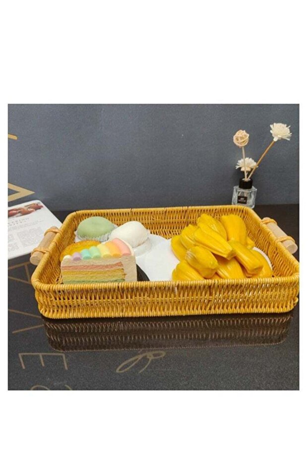 Large Size 35cm Handwoven Rattan Bread Basket Woven Fruit Basket Rattan Serving Tray Poly Wicker Fo