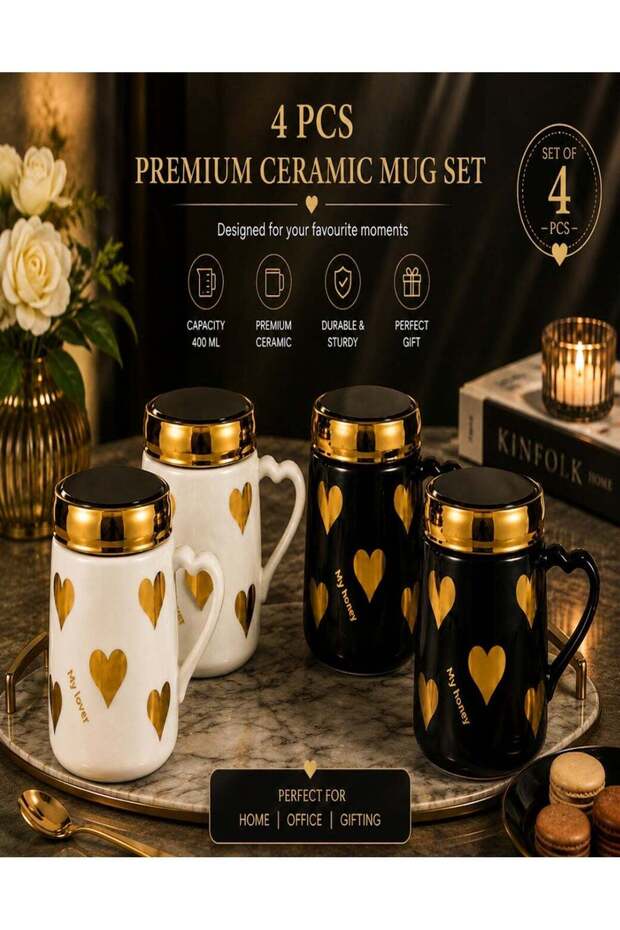 4 Pcs Premium Ceramic Mug Set with Gold Hearts & Lids, 400ml, 2 Black & 2 White Mugs, Gift Set for Home & Office