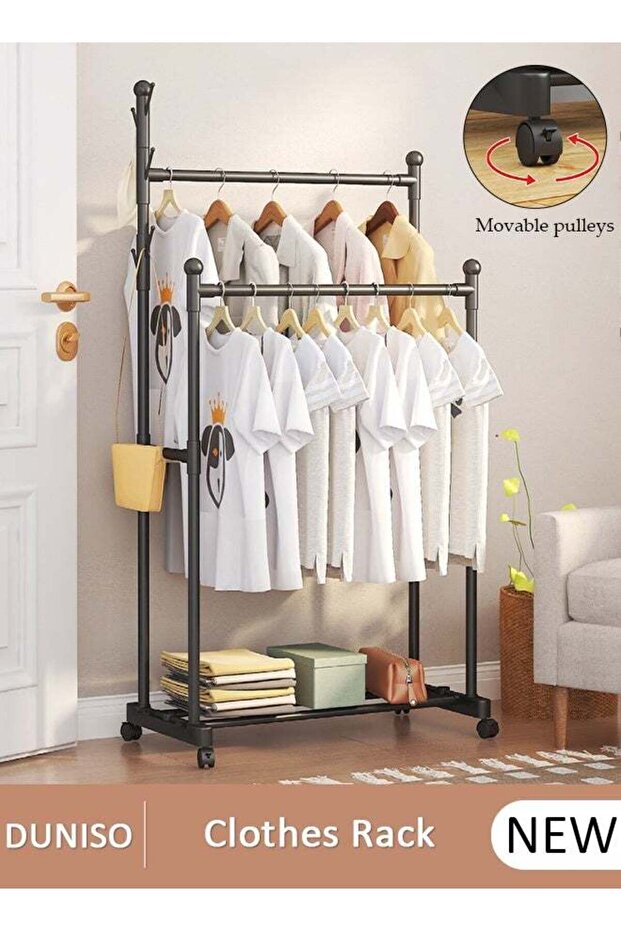 Double pole Clothes Rack Clothing Drying Rack, Home Clothing Rack with Storage Shelf and foot pad for Hanging Clothes Coats Skirts Shirts Sweaters Small Metal Pipe Stand Coat Racks on Wheels with 2 T