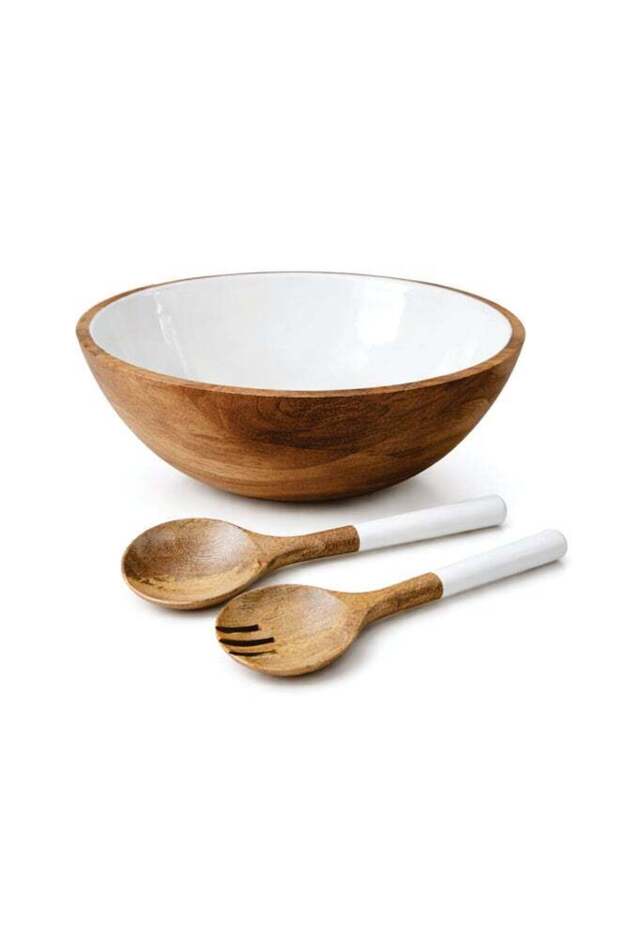 Premium 30 cm Acacia Wood Salad Bowl Set with White Enamel Coating & Matching Salad Servers – Natur