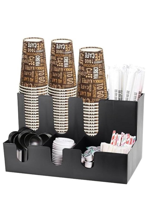 Coffee Condiment Organizer, Commercial Cup and Lid Holder, 9 Compartment Coffee Cup and Condiment Organizer, Breakroom Coffee Station Organizer for Coffee Milk Tea Shop Black