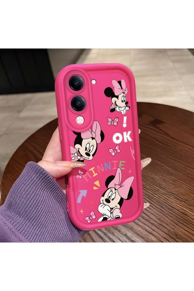 Vivo Y04/Y19/Y29S Compatible Pink Red Silicone Case Shockproof Camera Protection Minnie and Bow Pattern