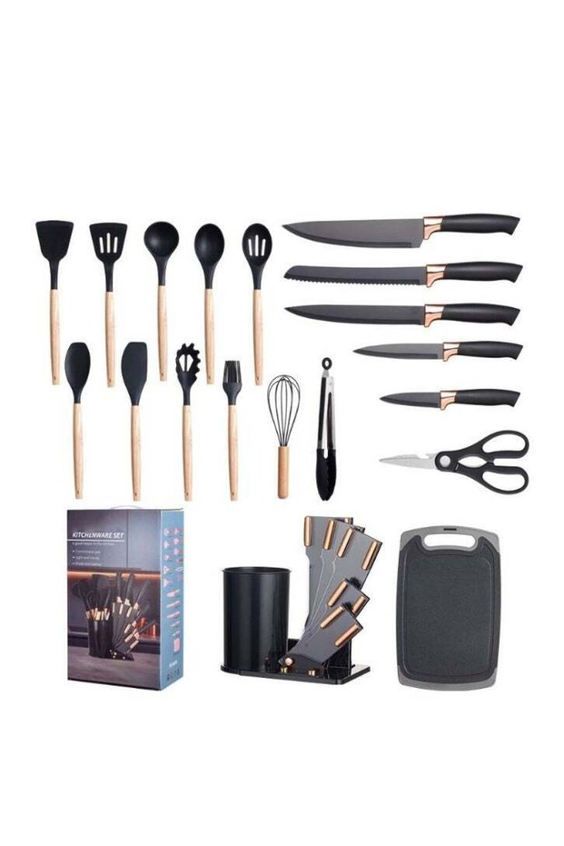 19-Piece Silicone Kitchen Utensil Set – Heat Resistant Non-Stick Cooking Tools with Wooden Handles – Spatula, Spoon, Tongs, Whisk & More – Safe for Nonstick Cookware