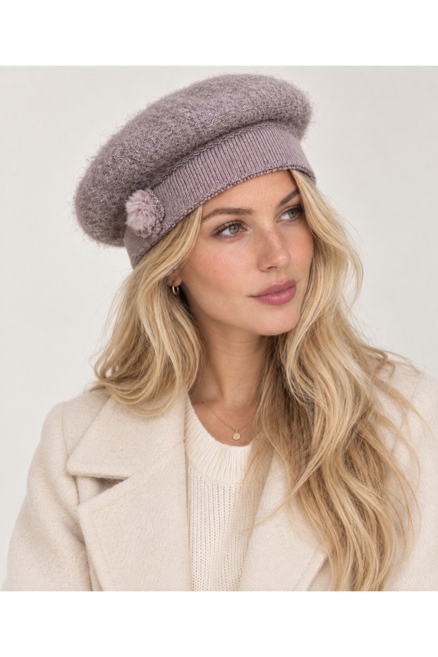 Women's Mink Angora Hat with Pompom Flower Detail - Flexible Soft Wool Texture