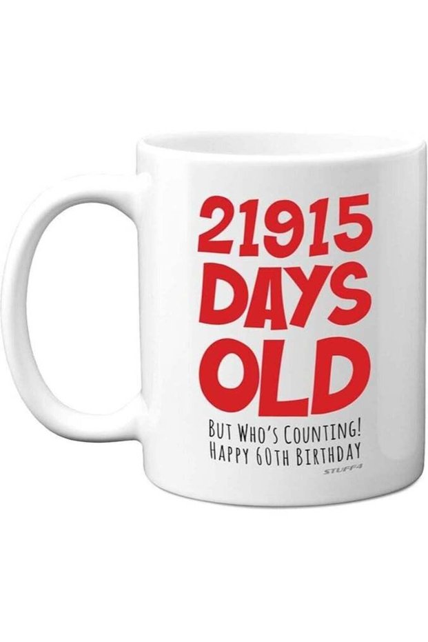 60th Birthday Mug Gift for Men Women Him Her - 21915 Days Old - Funny Adult Sixty Sixtieth Happy Birthday Present for Dad Mum Grandma Nan Grandad Uncle Auntie, 11oz Ceramic Dishwasher Safe Coffee Mug