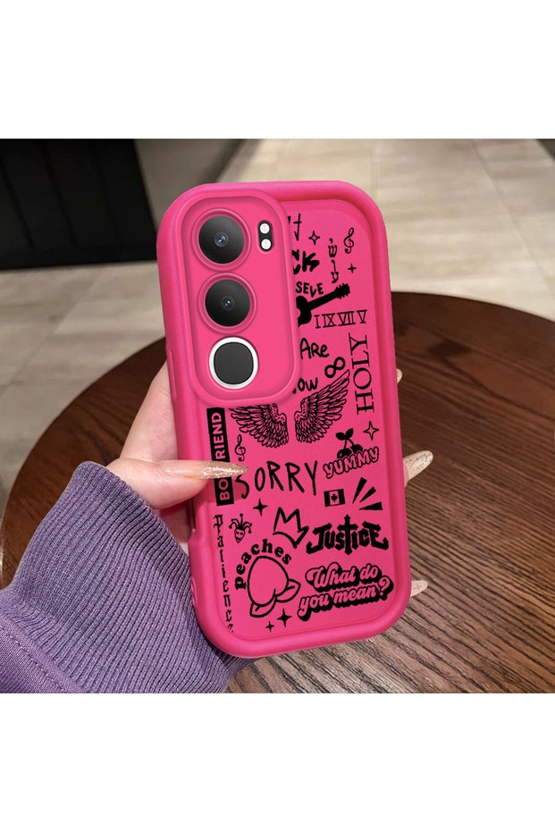 Vivo Y19S 4G/Y19S Pro Compatible Pink Red Silicone Case Shockproof Camera Protection Graffiti Pattern