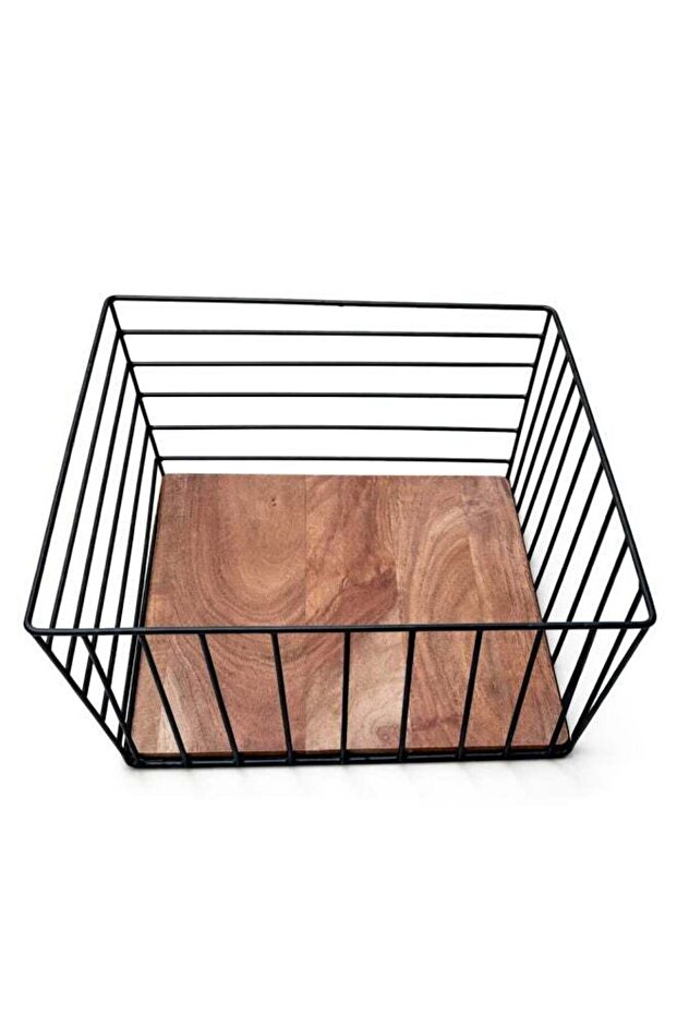 Premium Large Rectangular Iron Fruit Basket with Wood Base 30cm– Handcrafted Tabletop Serving & Sto