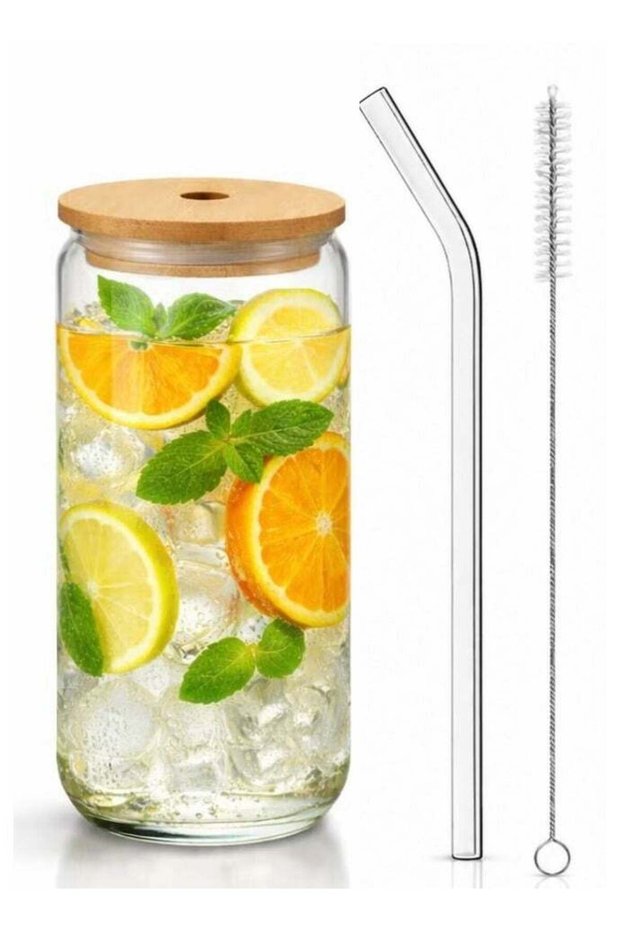 3 in 1 Glass Tumbler Set - 550ml/18.6 oz Glass Tumbler with Bamboo Lid, 5 Reusable Bent Glass Straws and 1 Cleaning Brush, Clear Can Shaped Drinking Glass Cup for Iced Coffee, Juice, Smoothies, Iced