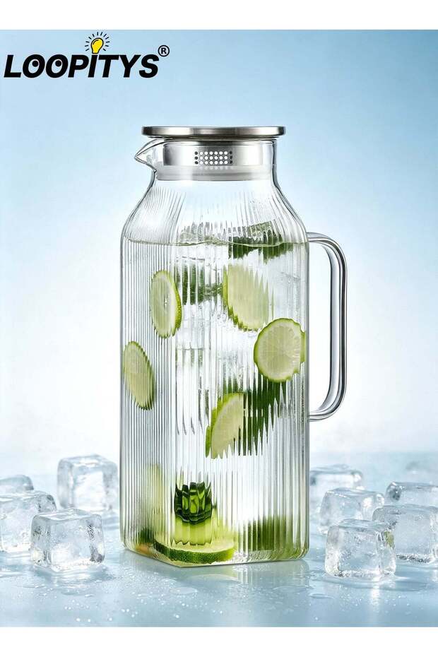 2-liter square borosilicate glass cup, silver, with lid and handle, classic striped water cup for refrigerator, large pot for iced tea, coffee, hot and cold drinks