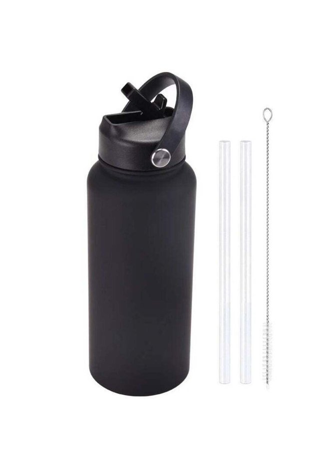 Stainless Steel Water Bottle 40 oz (Cold for 48 Hrs, Hot for 24 Hrs), 1000ml Insulated Water Tumbler Thermo with Straw Lid and Flex Cap (Wide Mouth, Leak Proof, BPA Free), Black