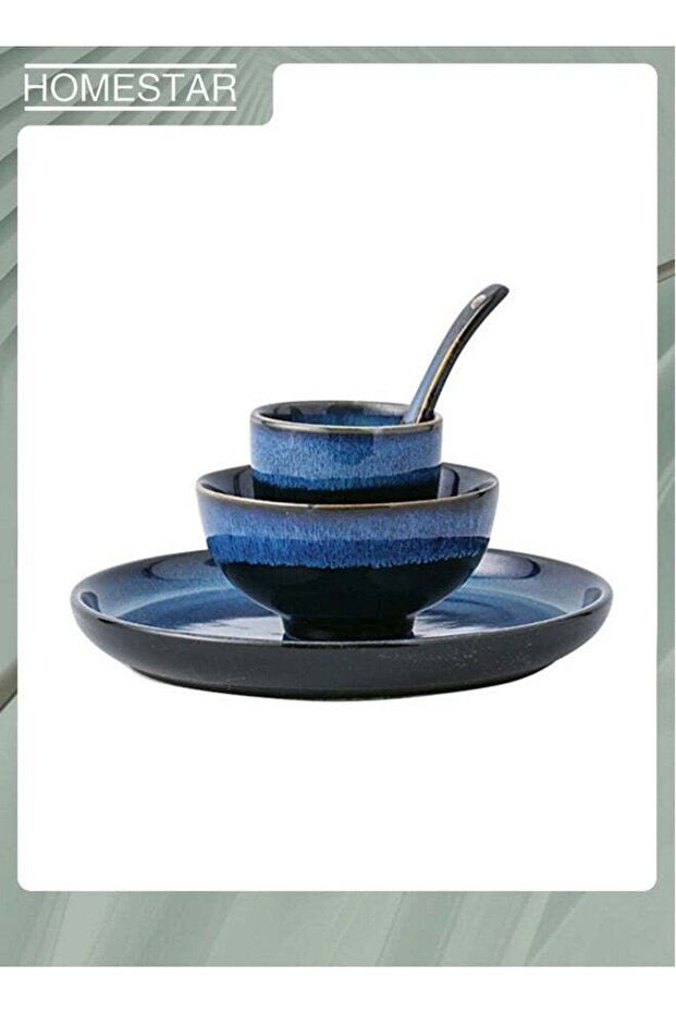 4-Piece Ceramic Dinnerware Set , Plate, Cup, Bowl,Spoon Navy Blue