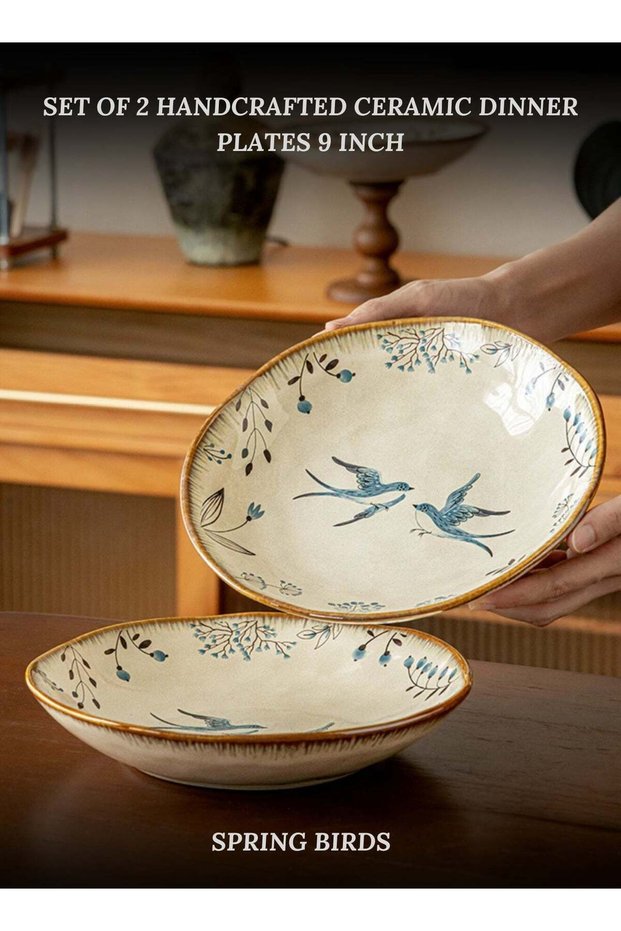 Set of 2 Handcrafted Ceramic Dinner Plates 9 inch "Spring Birds" 900ml - Vintage Blue Bird & Floral