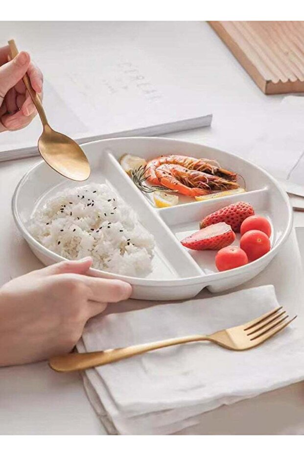 Divided Ceramics Dish, 8-Inch Portion Control Platter with 3 Compartment for One Person to Eat,Suit