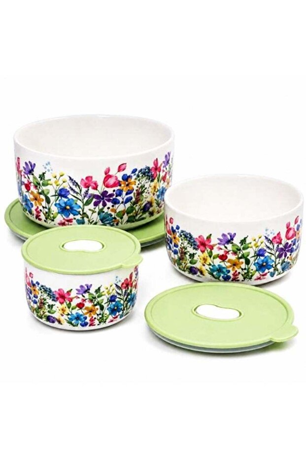 Ceramic Food Storage Bowl Set with Airtight Lids, 3 Piece Assorted Floral Printed Round Ceramic Con