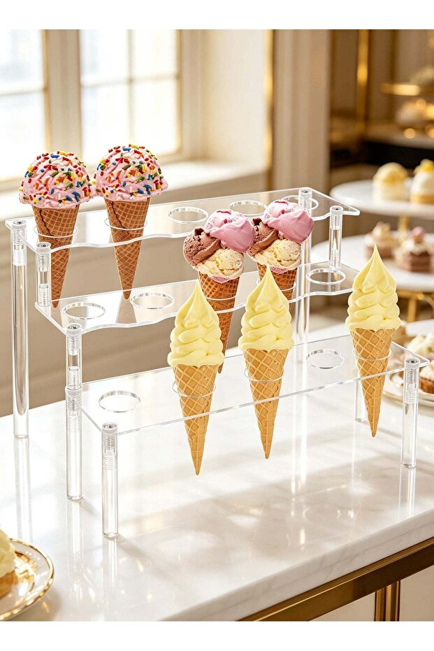 3‑Tier Transparent Acrylic Ice Cream Cone Stand, 3mm Thick Multi‑Layer Waffle Cone Display Rack, Ve