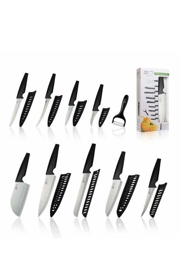 VAV GET Premium 18-Piece Black Stainless Steel Knife Set, Non-Slip Comfort Handles, Sharpened Chef Knives, Fruits & Vegetable Peeler Included, Ideal for Home & Professional Kitchen