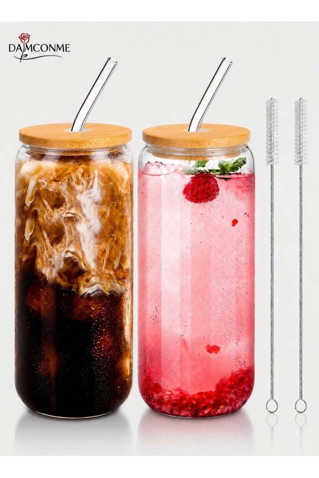 20oz Glass Cups with Bamboo Lids and Glass Straws – Drinking Glasses Set of 2