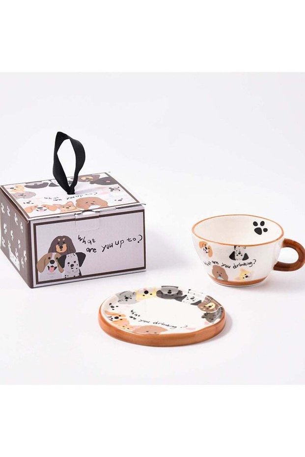 Hand-Drawn Caramel Puppy Ceramic Coffee Cup & Saucer Set - Gift Box Present for Kids, Women, Friends