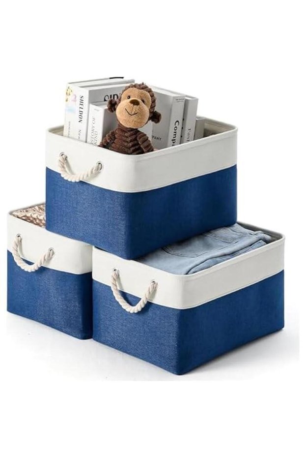 3 Pack Rectangular Collapsible Baskets with Handles, Fabric Storage Baskets for Shelves,Canvas Storage Baskets for Closet, for Toys,Books,Gifts (White&Blue)