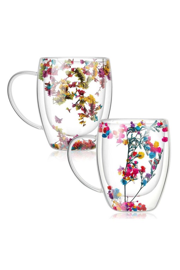 2 Pcs 350 ml Double Wall Glass Coffee Mugs Clear Immortal Flower Coffee Mug with Handle Creative Insulated Heat Resistant Coffee Cups for Tea Cappuccino Espresso Latte