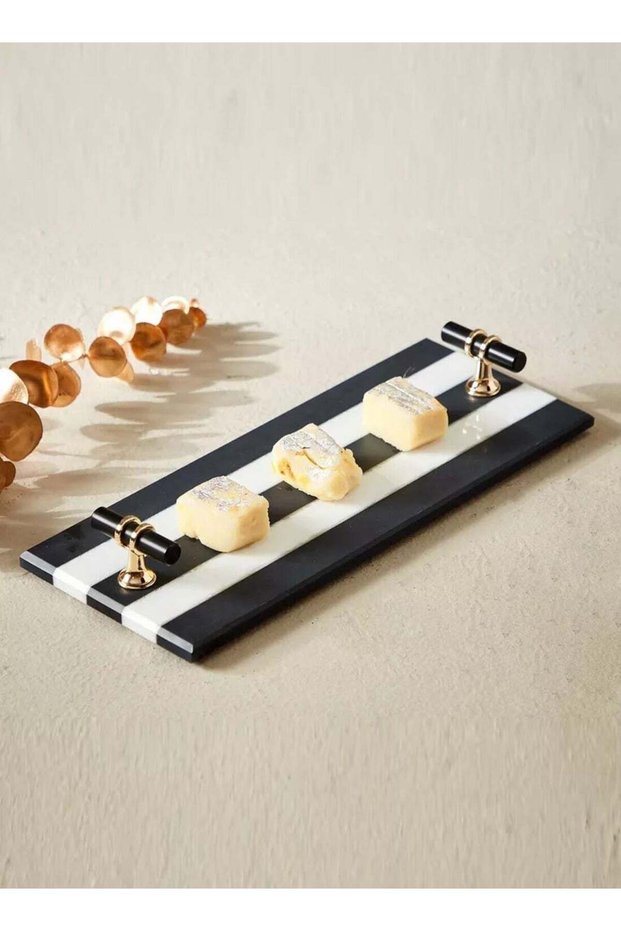 Black and White Stripe Natural Marble Tray with Black and Gold Handle, 30x12CM