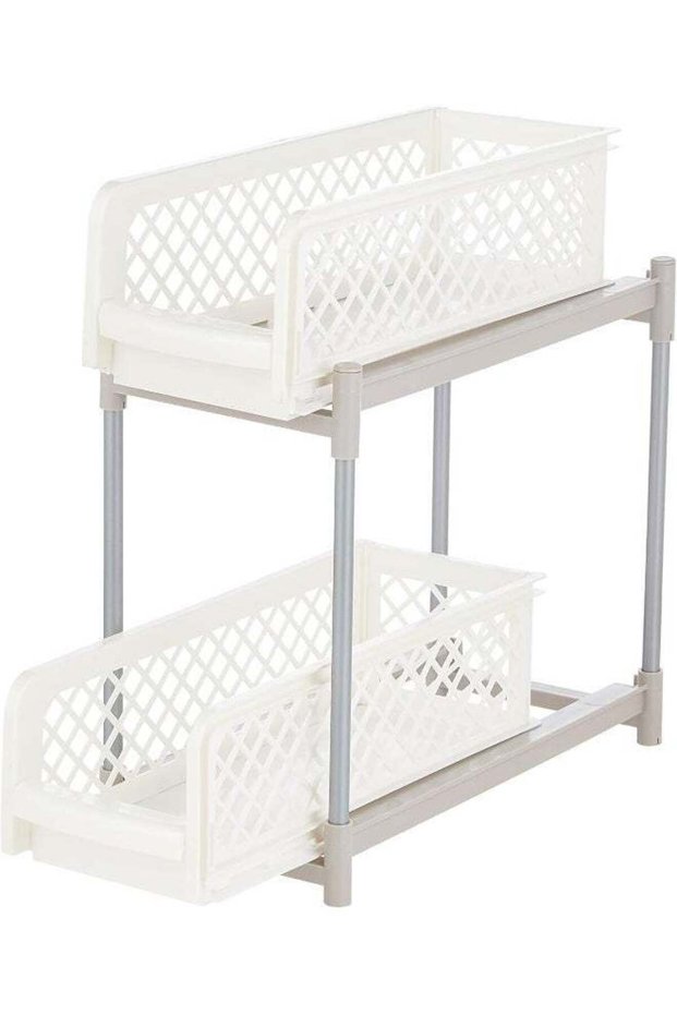 Under Sink Sliding Shelf 2-Tier White Kitchen Tool Storage Organizer Pull Out