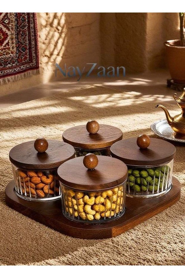 Wooden & Transparent Multi-Compartment Snack Serving Set – 4 Grid Glass Trays, Wood Grain Fruit Pla