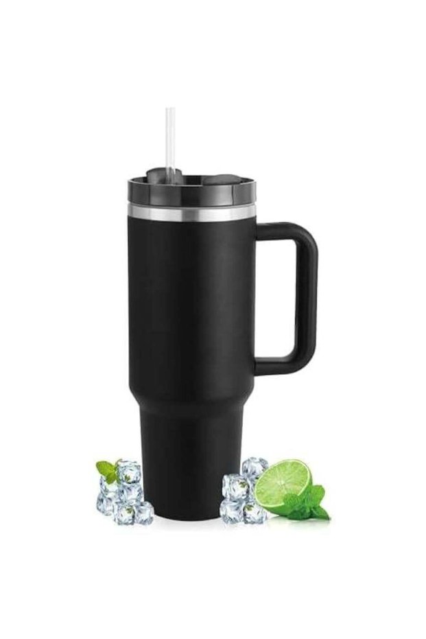 40 oz Tumbler with Handle and Straw, Stainless Steel Vacuum Insulated Water Tumbler for Hot or Cold Beverages, Reusable Water Bottle for Home Gym Office Travel (Black)