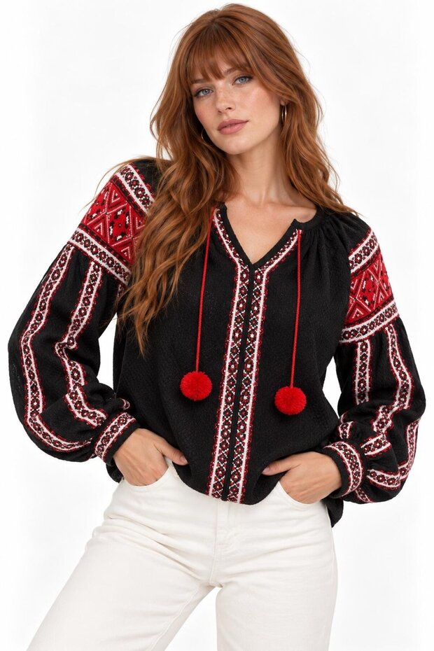 Black Ethnic Patterned Pompom Tie-Up Blouse