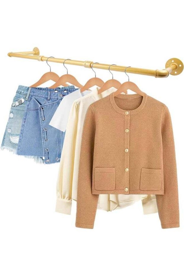 Clothes Rail Wall Mounted,Industrial Pipe Clothes Rack,Heavy Duty Clothes Hanging Rail,Wall Mounted Tidy Rails Garment Clothes Bar,for Home Shops and Closets,100x25cm,Gold