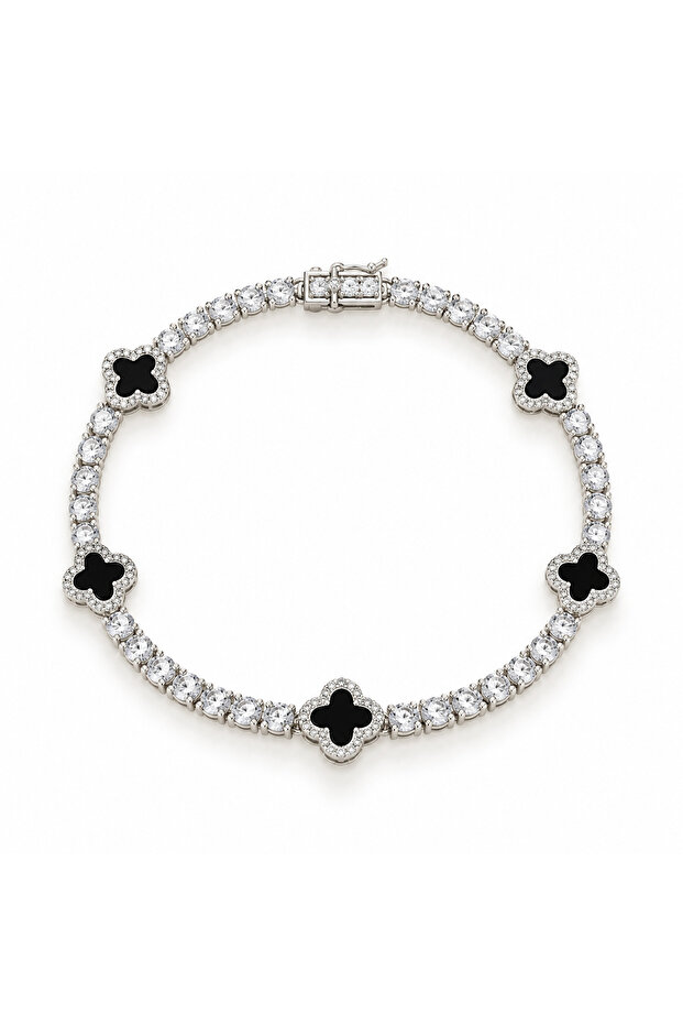Premium Silver Siyah Yonca Bileklik