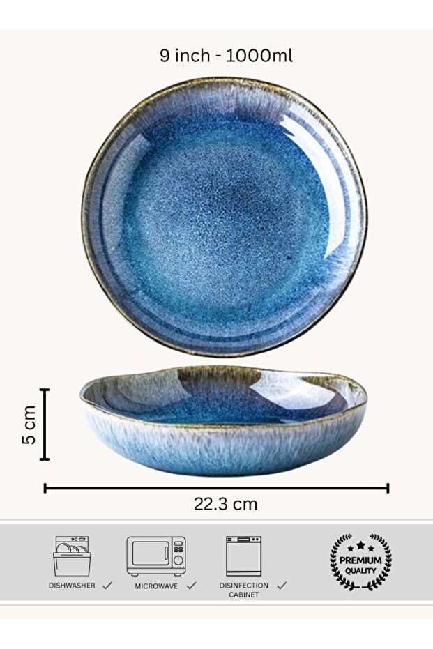 Deep Ceramic Dinner Plate 1000ml, Premium Large Deep Porcelain Plate 9 inch, Azure Blue Round Handc