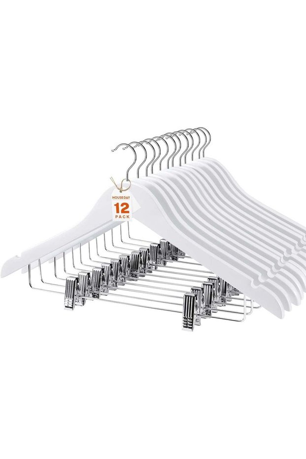 HOUSE DAY Wooden Hangers 12 Pack with Clips - Premium Natural Wood Hangers for Clothes, White