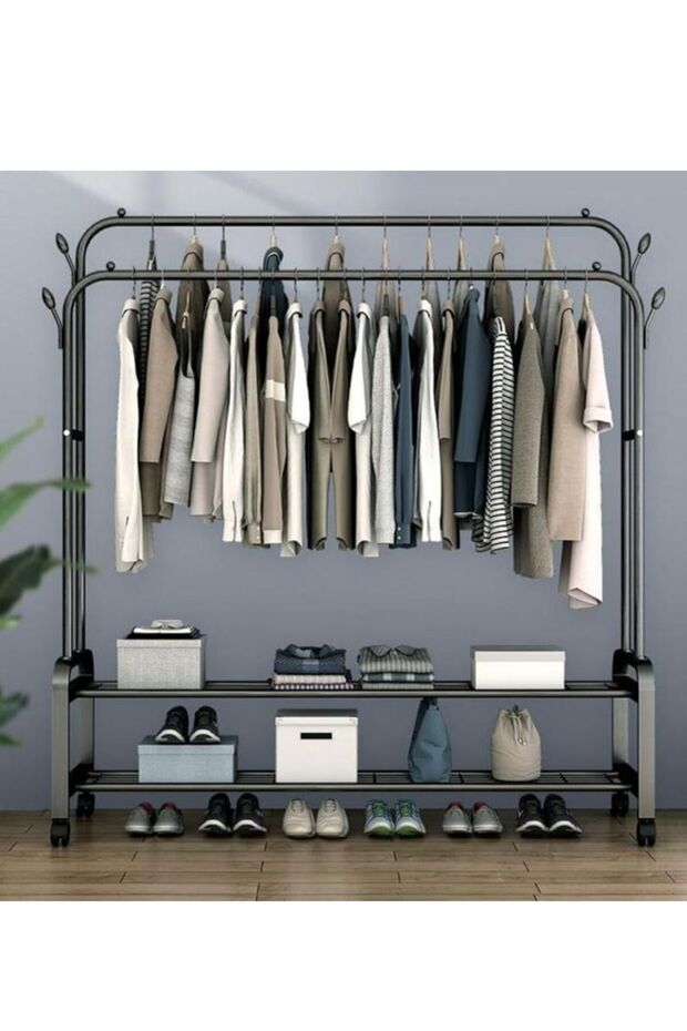 Double Hanging Rod Garment Rack Hanger with Top Rod and Lower Storage Shelf, Closet Organizer Clothes Rack for Bedroom, Living Room and Entryway Steel Wall Shelf (Number of Shelves - 2