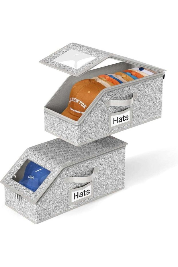 YOUWE7 2 PCS Stackable Hat Storage for Baseball Caps, Holds up to 24 Caps Cap Organizer for Closet, Sturdy Hat Boxes for Men with Cardboard, Grey