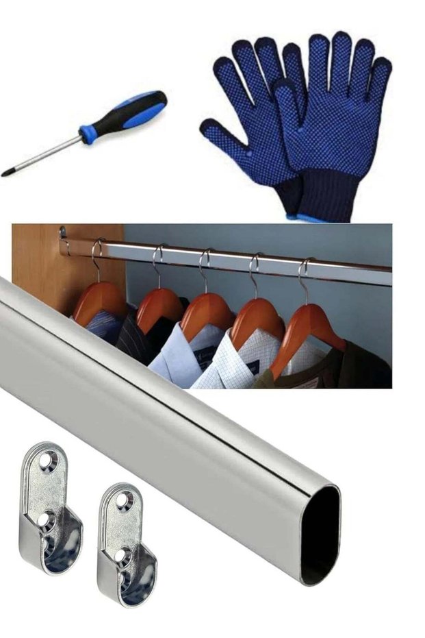 100cm Wardrobe Bar, Wardrobe Hanging Rod End Support And Screws, Chrome Plated, Gloves & Screwdriver (2)