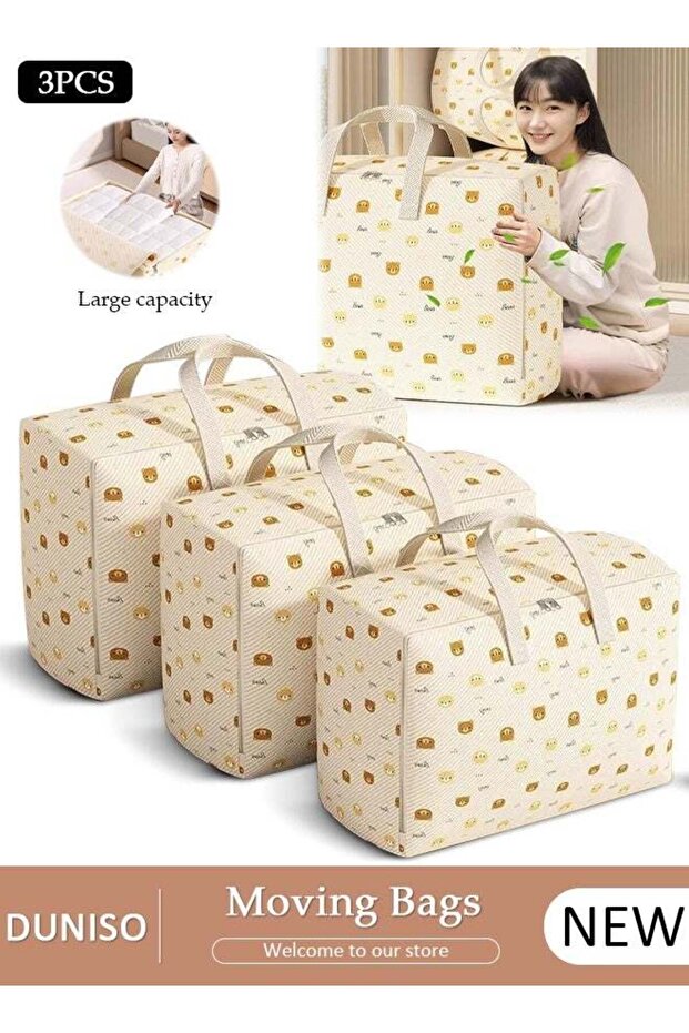 3-Piece Heavy-Duty Storage Bags With Zippers, Extra Large Durable Clothes Blanket Organizer Totes For Moving, Waterproof Laundry Bags With Reinforced Handles, Space-Saving Foldable Moving Bags For Ho