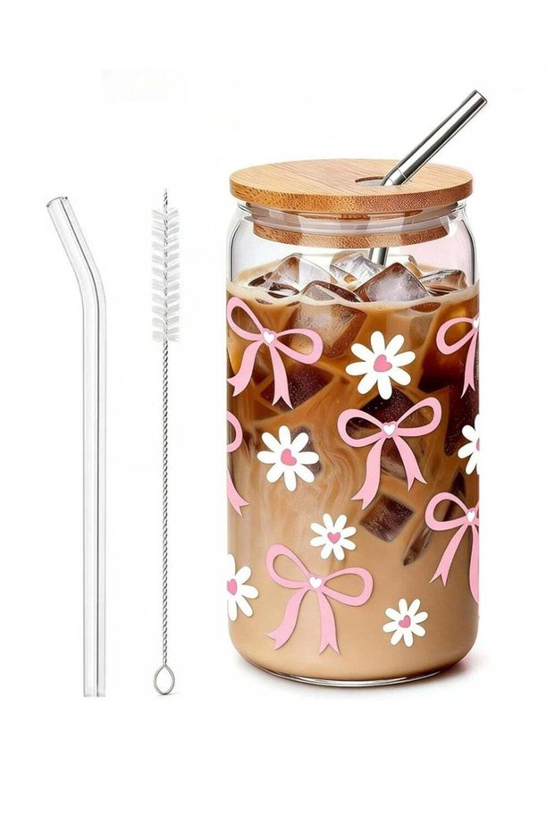 Glass Cups with Lids and Straws, Coquette Aesthetic Pink Bow Iced Coffee Cup Decor, Cute Tumbler Smoothie with Cleaning Brush, Gifts for Girls Women Friends, 16 oz