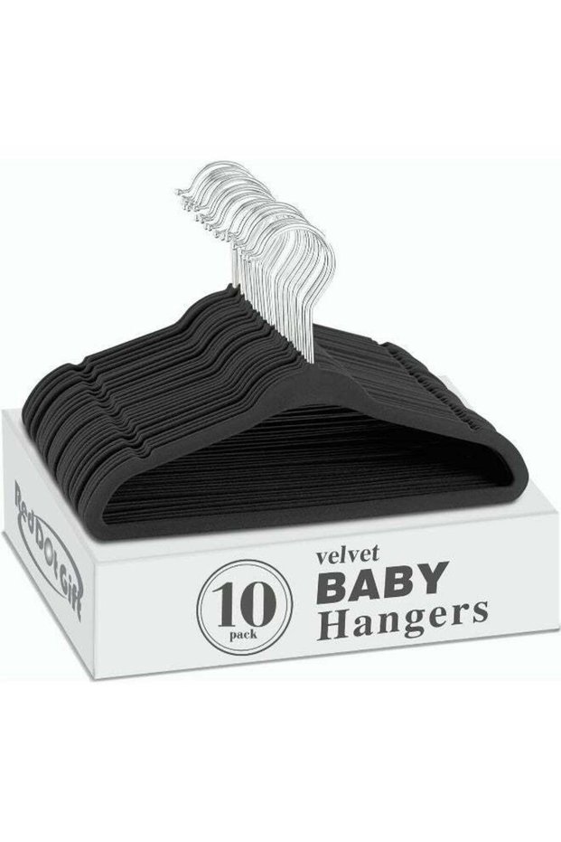 Red Dot Gift® 10-Pack Black Color 28cm Baby Velvet Hangers Nursery Clothes Hangers Non-Slip Toddler Hangers, 360 Chrome Swivel Hook.