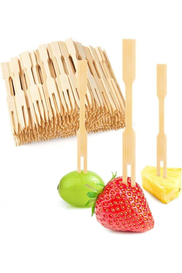 300 PCS Mini Appetizer Forks, Small Tiny Bamboo Wooden Cocktail Picks Forks, 3.5 Inches Cocktail Forks Party Toothpicks Disposable Food Picks For Fruit, Charcuterie