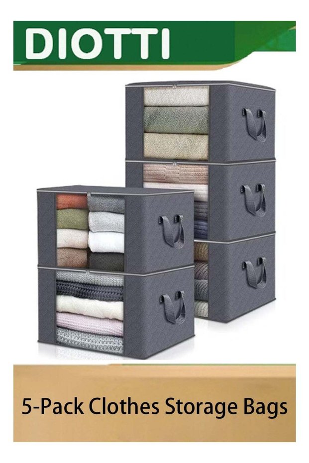 5-Pack Clothes Storage Bags, Foldable Closet Organizer Bins with Lids, Large Storage Containers for Bedding, Blankets, Comforters, Clothing with Reinforced Handles and Sturdy Zippers (50x35x20 cm)