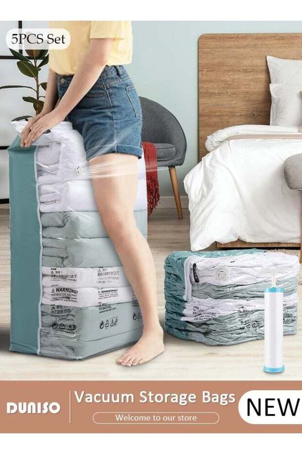80×100×38 cm Jumbo Cube Vacuum Storage Bags-5 Compression Bags No Pump or Pump Needed Reusable Compression Bags Large Space Saver Home Packing Organizers for Packing, Clothes, Comforters, Blankets