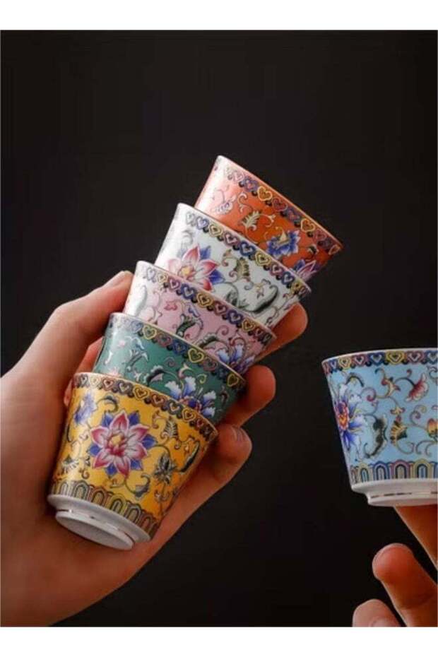 Teacup Enamel Color 6 Cups Gift Box, Classical Style Chinese Tea Cup, Exquisite Holiday Gift